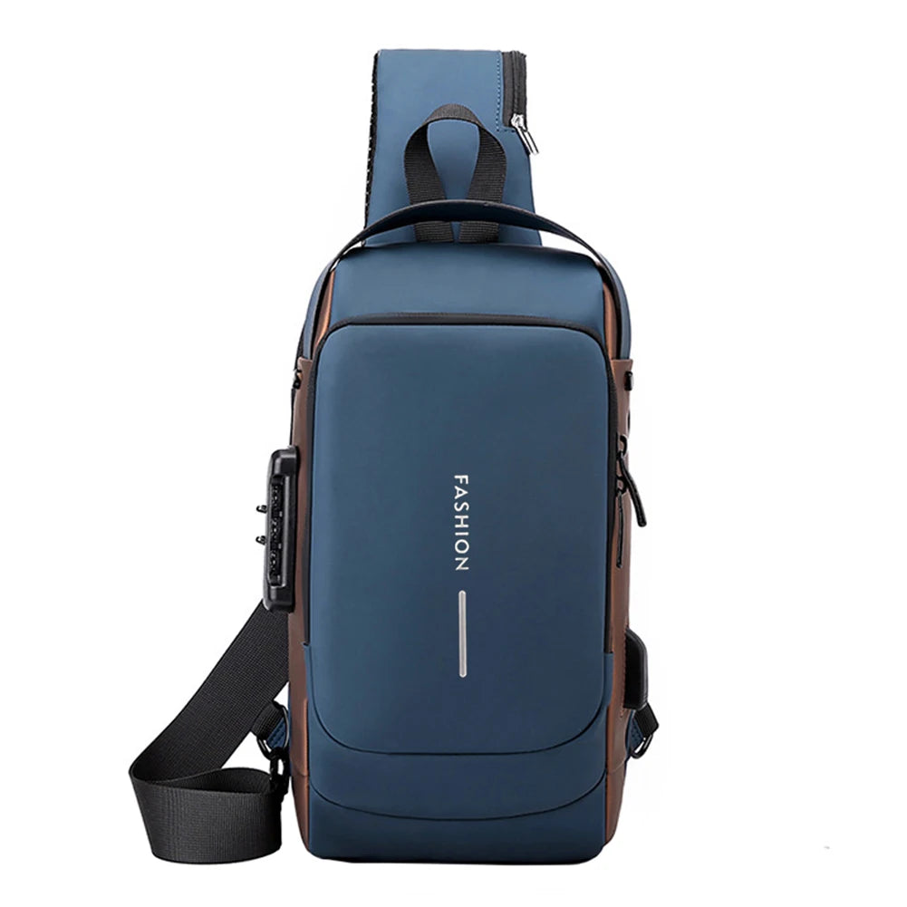 Men's PU Leather Chest Bag – Waterproof Anti-Theft Crossbody Sling with USB Charging Port for Travel & Sports
