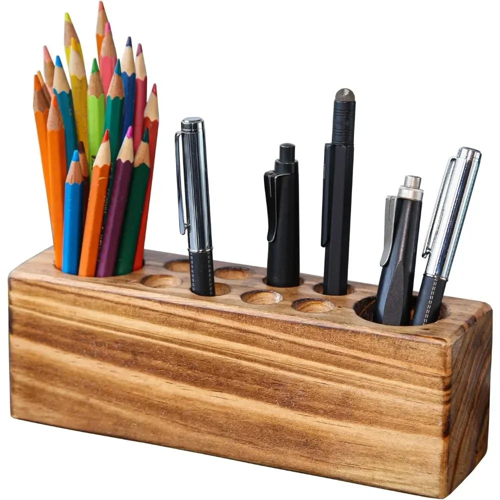 Rustic Solid Wood Desk Pen Holder – Stylish Retro Wooden Organizer for Pens & Accessories