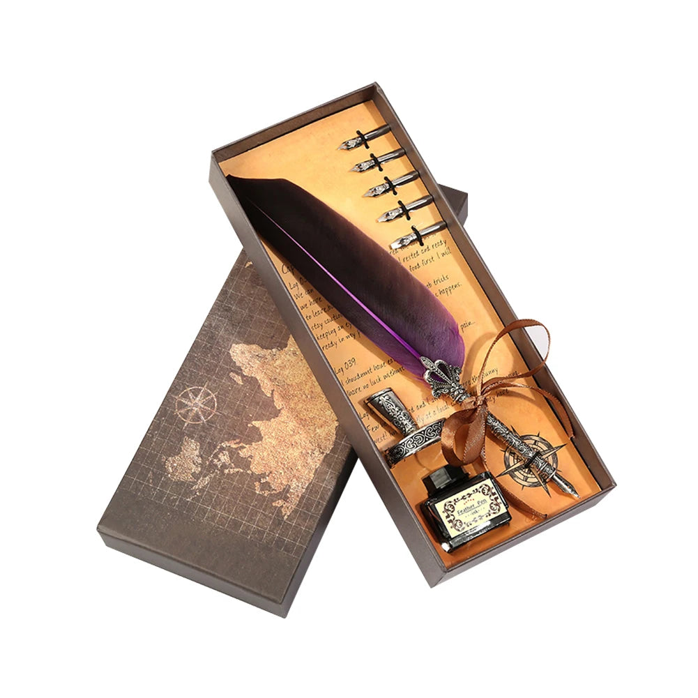 ✒️ Retro Vintage Calligraphy Feather Dip Pen Set – Quill Fountain Pen with Ink for Writing, Crafts & Gifts