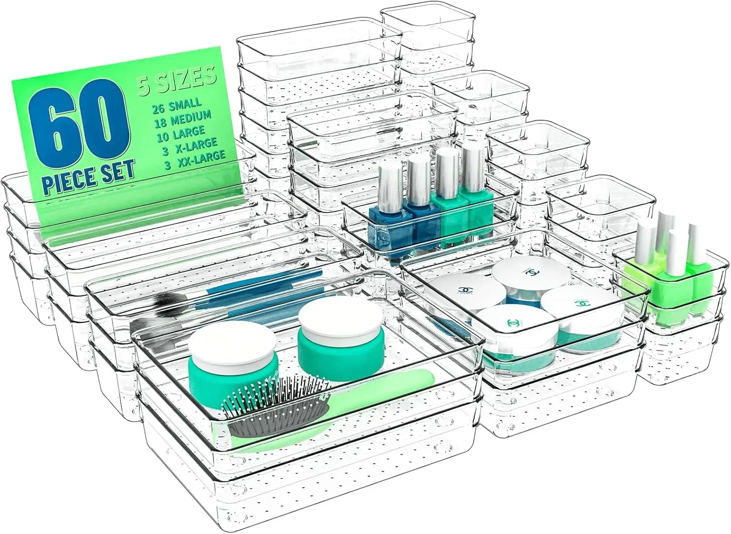 60-Piece Clear Plastic Drawer Organizer Tray Set – Multi-Size Storage Bins for Bathroom, Office & Cabinet