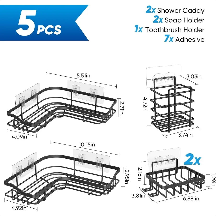 Black Stainless Steel Adhesive Corner Shower Caddy – Rustproof No-Drill Wall Mounted Shelf