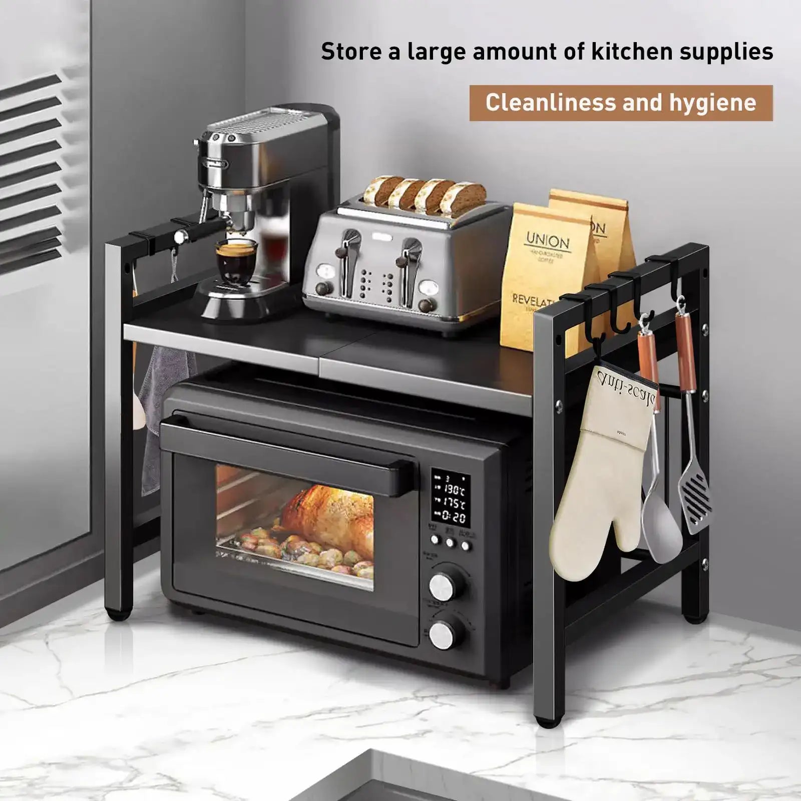 Expandable Microwave Shelf Organizer – Adjustable 42–64cm Countertop Rack, Moisture & Rust-Proof Kitchen Storage Shelf