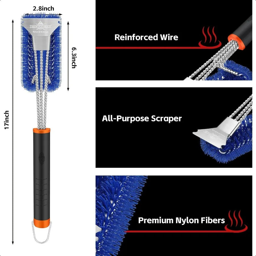 “Grill Brush & Scraper – Safe Nylon Bristles Triple Scrubber for BBQ Cleaning Cast Iron, Porcelain & Weber Gas Grates”