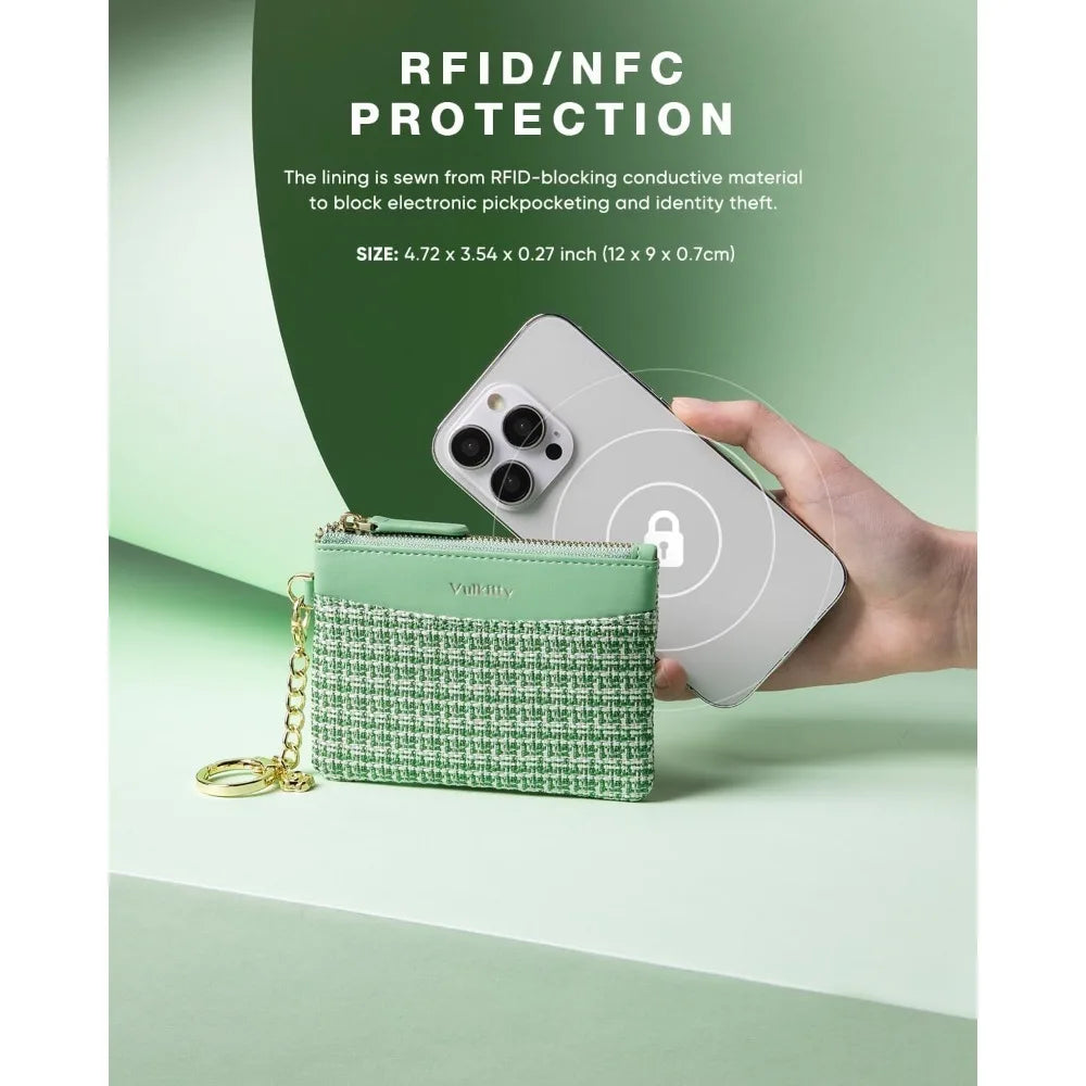 Slim Coin Purse with Keychain – Minimalist RFID Blocking Zipper Pouch & Card Wallet for Women