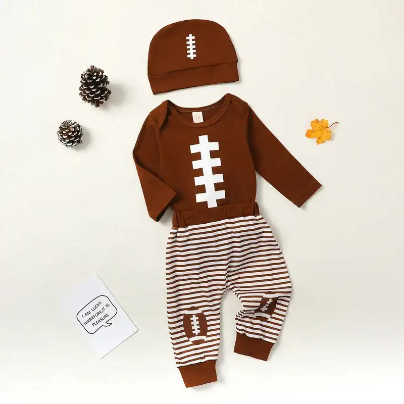 Football-Style Baby Boy & Girl Outfit Set – Long Sleeve Romper, Sweatshirt & Elastic Pants (3 pcs)