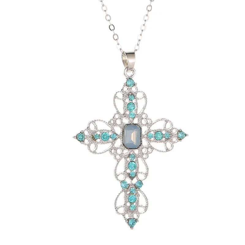 Gothic Zircon Cross Necklace – Unisex Y2K Large Pendant with Irregular Crystal Design for Men & Women