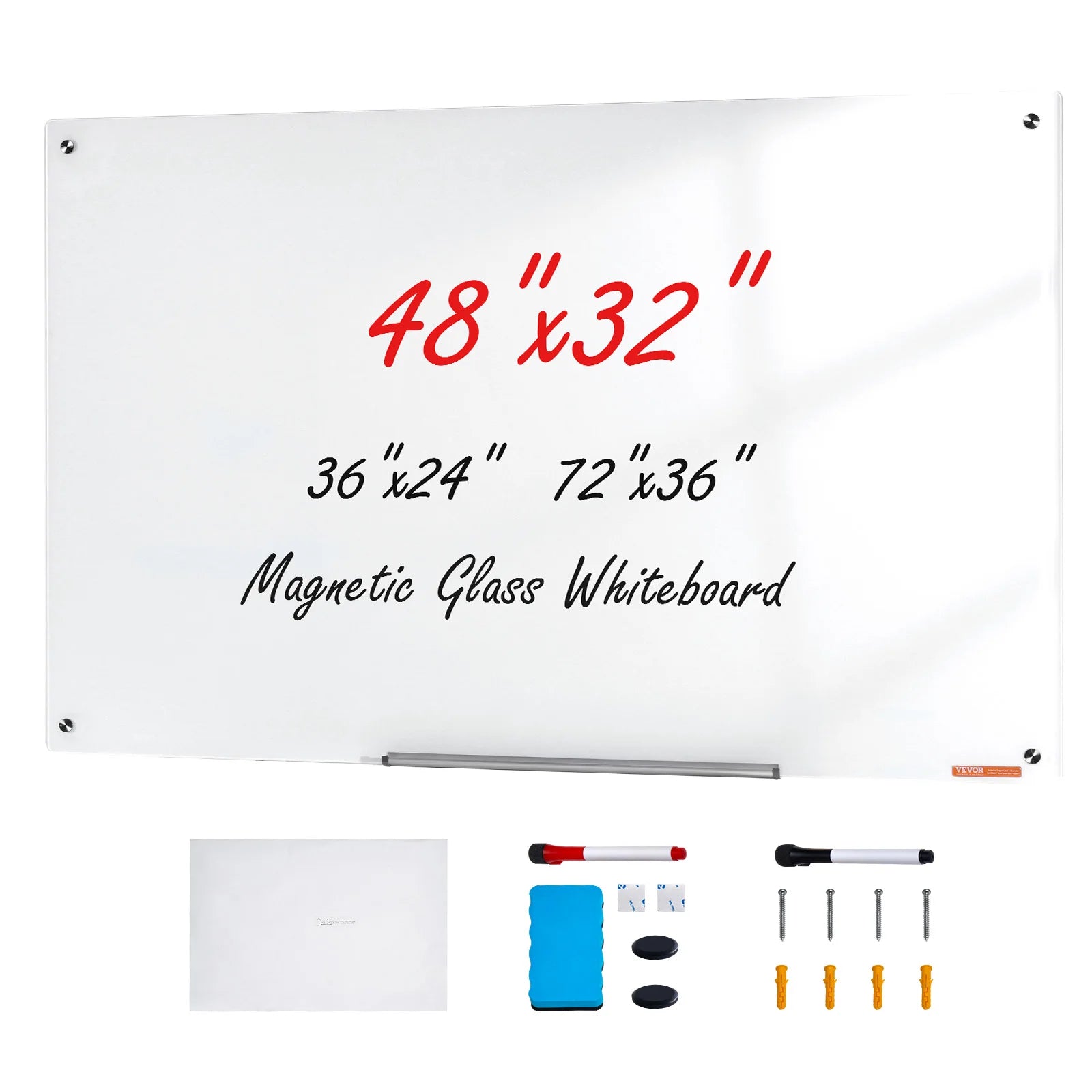 Magnetic Frameless Glass Dry-Erase Board – 48″ × 32″, Wall-Mounted Glass Whiteboard for Office, School & Home