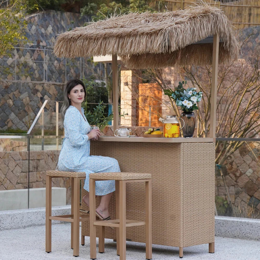 Outdoor Tiki Bar Set – 3-Piece Wicker Islander Bar with Widen Ceramic Top & 2 Stools | All-Weather Garden Bar Furniture with Storage