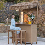 Outdoor Tiki Bar Set – 3-Piece Wicker Islander Bar with Widen Ceramic Top & 2 Stools | All-Weather Garden Bar Furniture with Storage