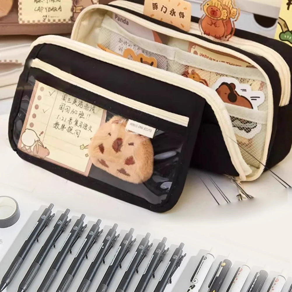 9-Layer Kawaii Capybara Zipper Pencil Case with Stickers – Canvas Stationery Storage Pouch