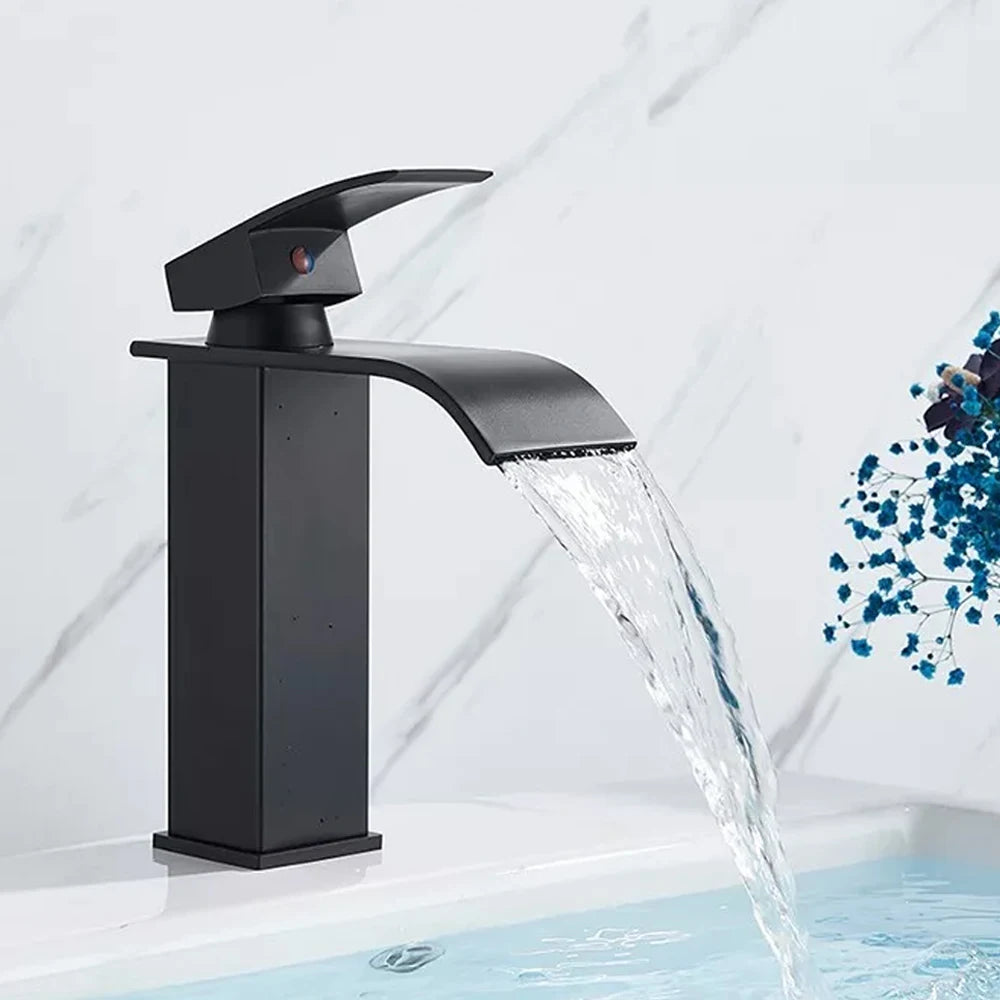 Black Waterfall Basin Faucet – Single Hole Mixer Tap for Vanity & Vessel Sinks