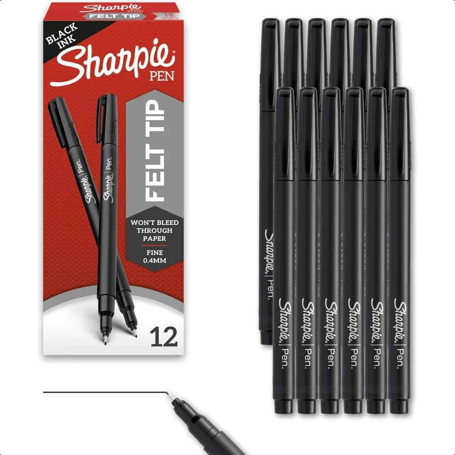 Felt Tip Pens – Fine Point 0.4mm Black Markers, 12 Count Set for Journaling, Drawing & Office Use