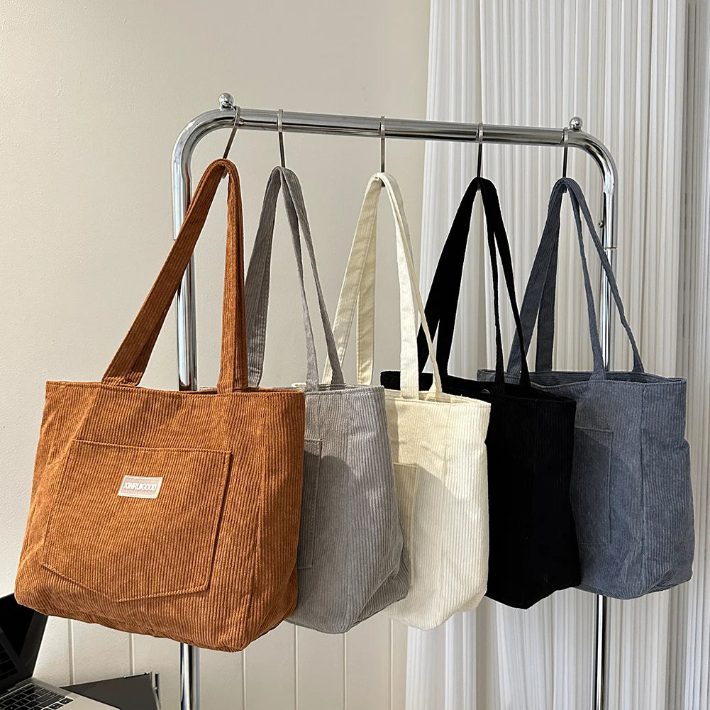 Women’s Corduroy Tote Bag with Pockets – Large-Capacity Shoulder Handbag for School, Work & Shopping