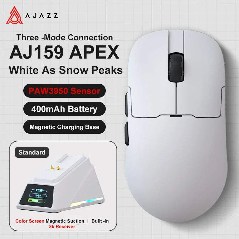 AJ159 Apex Wireless Gaming Mouse – 58g Lightweight, 42,000 DPI PAW3950/3395 Sensor, Tri-Mode Bluetooth/2.4G/Wired
