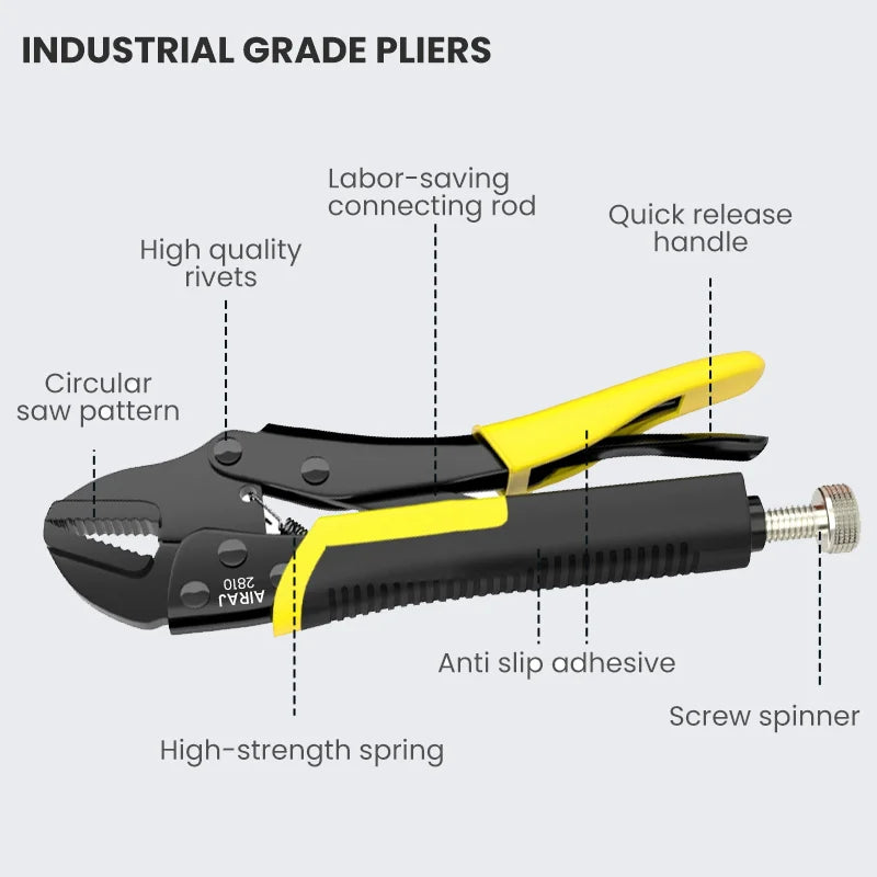 AIRAJ Locking Pliers Set – 5 Piece Quick-Release Curved-Jaw Vise-Grips for Strong Clamping & Metal Bending