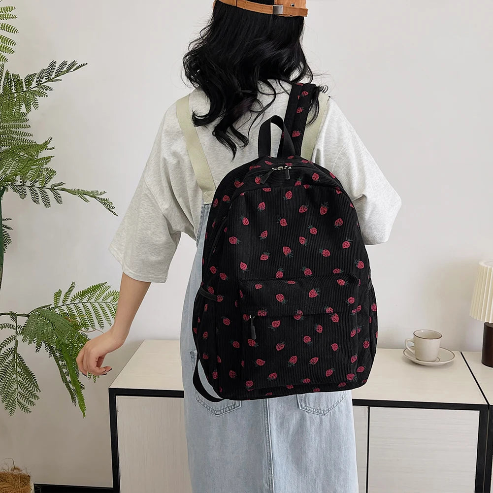 Corduroy Strawberry Graphic Backpack – Casual Large Capacity Travel Daypack