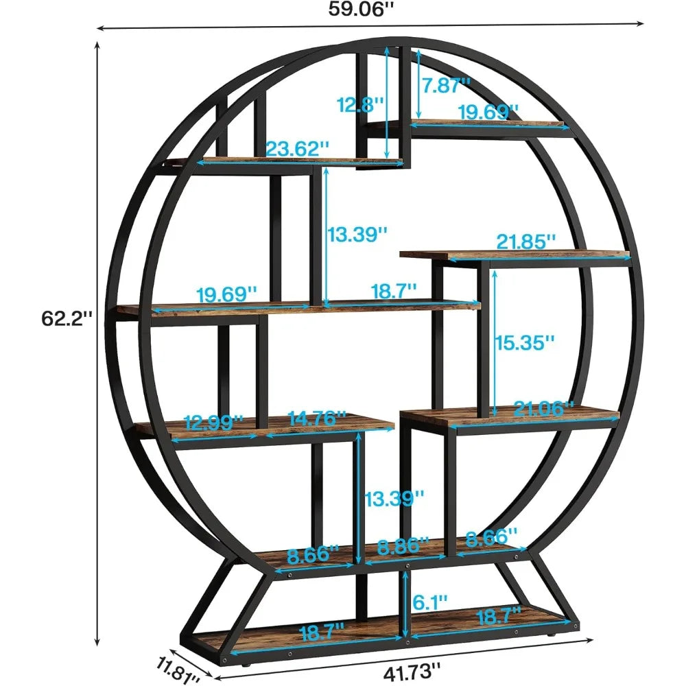 Round Industrial Etagere Bookcase – 63″ Tall with 14 Staggered Display Shelves & Metal Frame