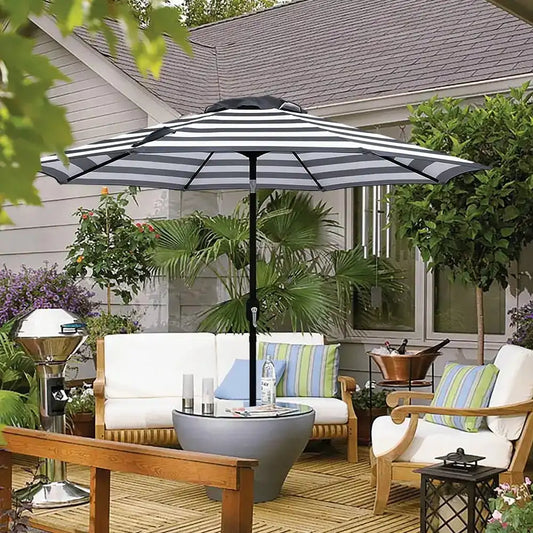 Black & White Striped Outdoor Patio Umbrella with Push-Button Tilt & Crank Handle