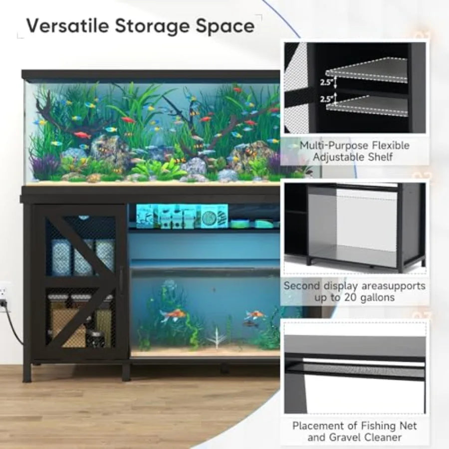 55–75 Gallon Aquarium Stand with Storage Cabinet, Power Outlets, LED Light & Turtle Tank Shelf