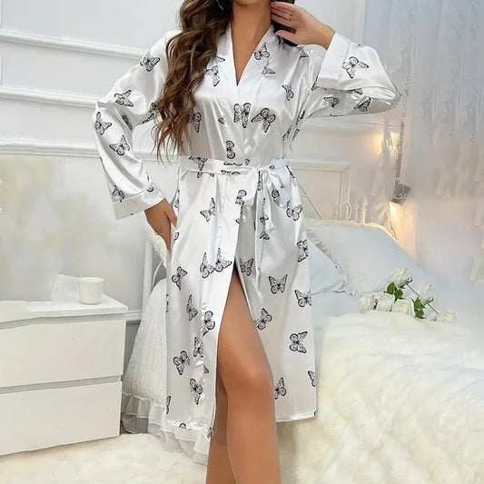 Women’s Satin Nightdress & Kimono Robe Set – Elegant Long Sleeve V-Neck Sleepwear | Silky Pajama Nightgown