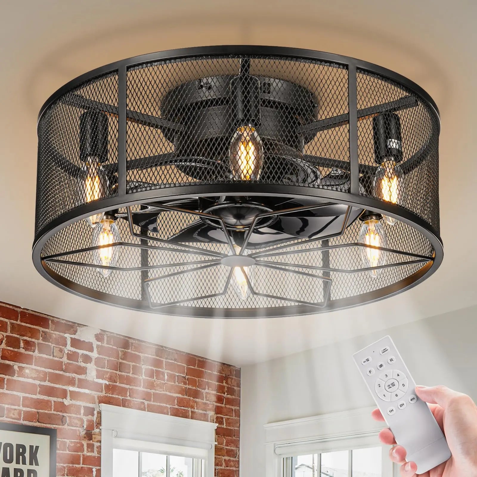 18" Caged Low-Profile Ceiling Fan with Light – Black Flush Mount Fandelier & Remote, Rustic Farmhouse Style 💡🌀