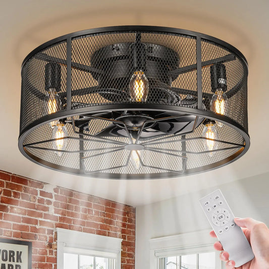 18" Caged Low-Profile Ceiling Fan with Light – Black Flush Mount Fandelier & Remote, Rustic Farmhouse Style 💡🌀