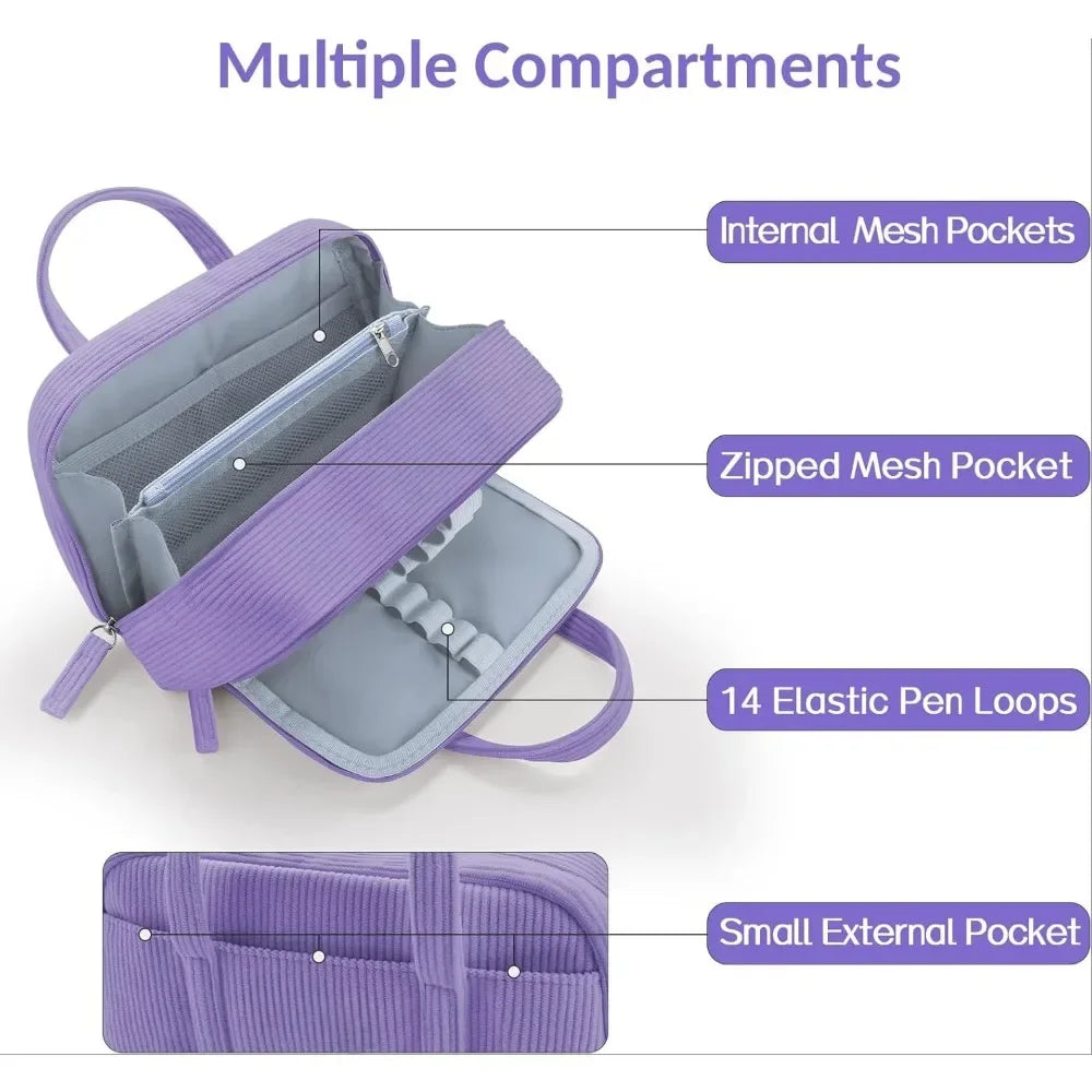 Large Soft Corduroy Zip Pencil Case – 6-Compartment Aesthetic Organizer (Purple)