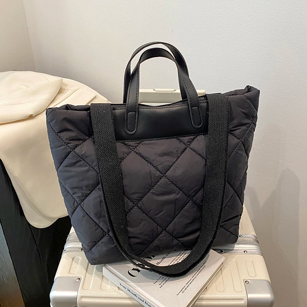 Women’s nylon puffer tote bag – quilted solid color large-capacity shoulder handbag, lightweight satchel purse for work & travel