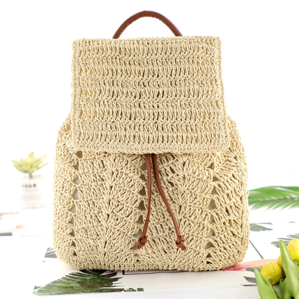 Woven Straw Shoulder Backpack for Women – Summer Beach & Holiday Bucket Purse Bag