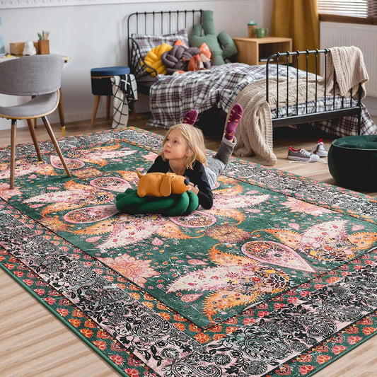Vintage Floral Accent Area Rug – Soft Fluffy Large Carpet for Bedroom & Living Room Home Décor