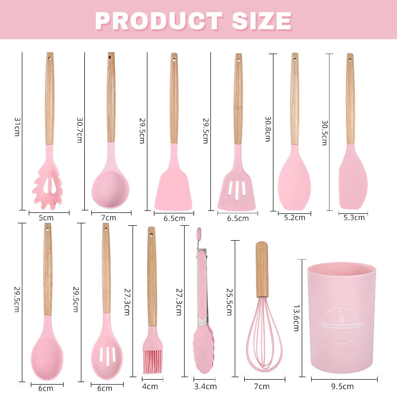 12-Piece Silicone Cooking Utensils Set with Wooden Handles – Non-Stick Spatulas, Spoons & Ladles