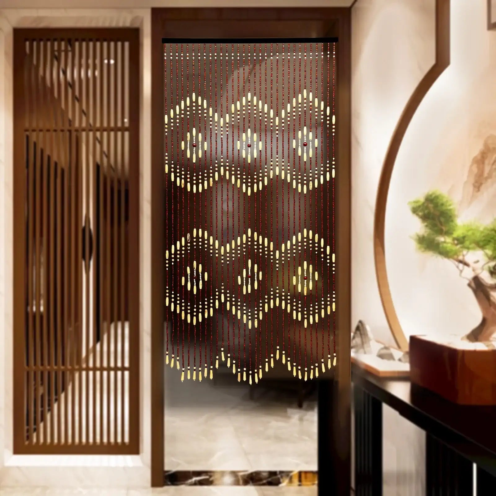 Wooden Bead Doorway Curtain – 35″ × 43″/68″ × 9″ Natural Boho Beads for Front Door Decor