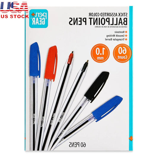 Stick Ballpoint Pen Set – 1.0mm Tip, Assorted Black/Blue/Red Ink (60-Count) for Office & School ✒️🖊️