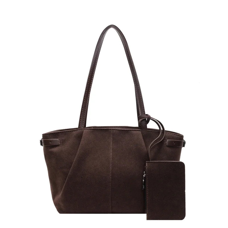 Women’s Suede Tote Bag with Inner Pocket – Solid Color Under-Arm Satchel for Work & Travel