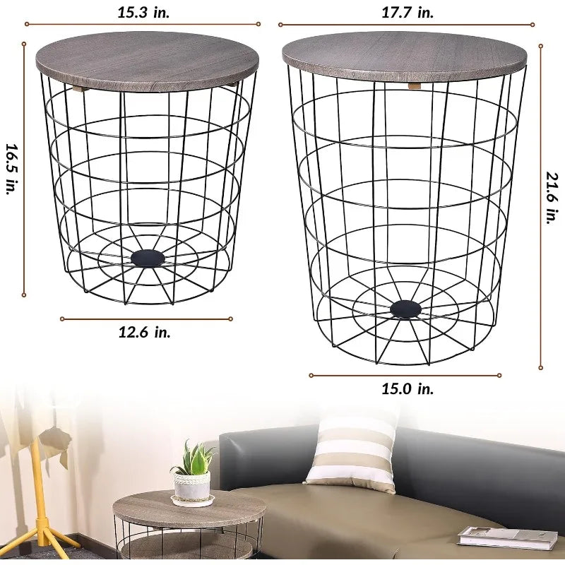Set of 2 Wire Basket End Tables with Wood Tops – Modern Gray Side Tables for Living Room, Bedroom & Office