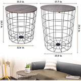 Set of 2 Wire Basket End Tables with Wood Tops – Modern Gray Side Tables for Living Room, Bedroom & Office