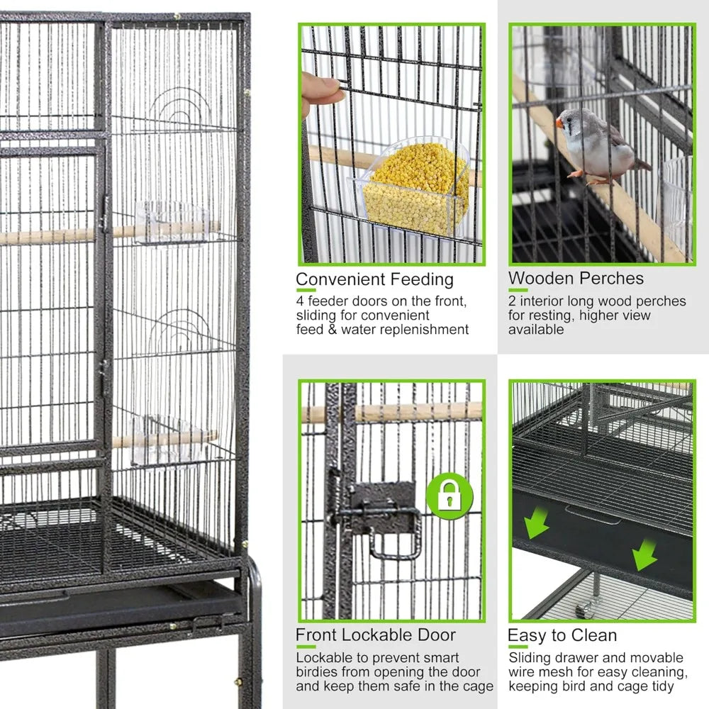 Standing Wrought Iron Birdcage – Large Parrot Flight Cage with Rolling Stand for Cockatiels, African Greys & Medium Birds