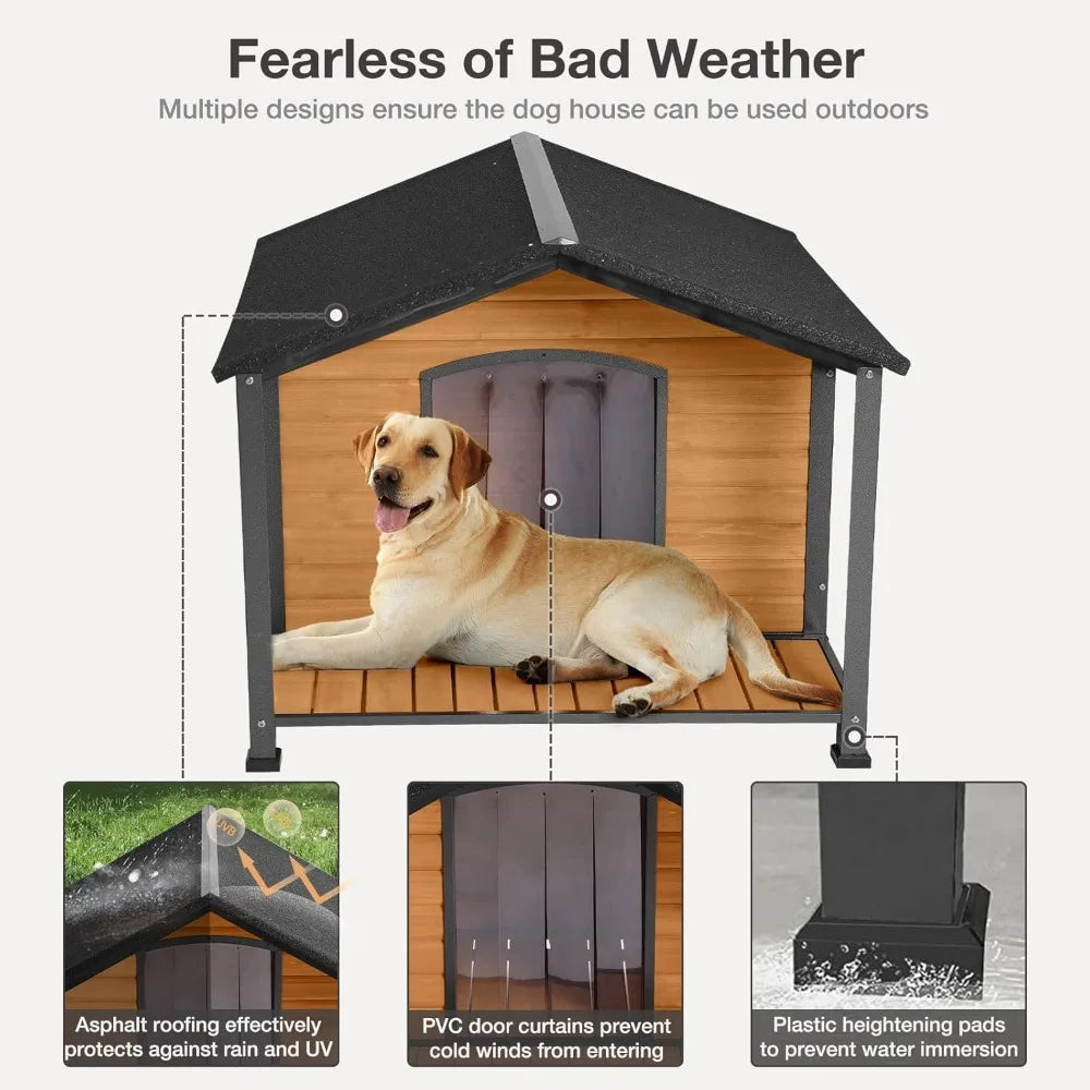 Insulated Outdoor Dog House – Large Weatherproof Fir Wood Shelter with Iron Frame for All Breeds