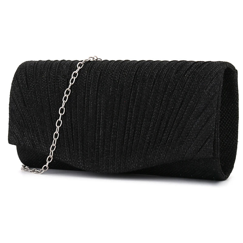 Women’s Fold Glitter Envelope Clutch – Shiny Silver Pleated Evening Bag with Chain Strap for Weddings & Parties