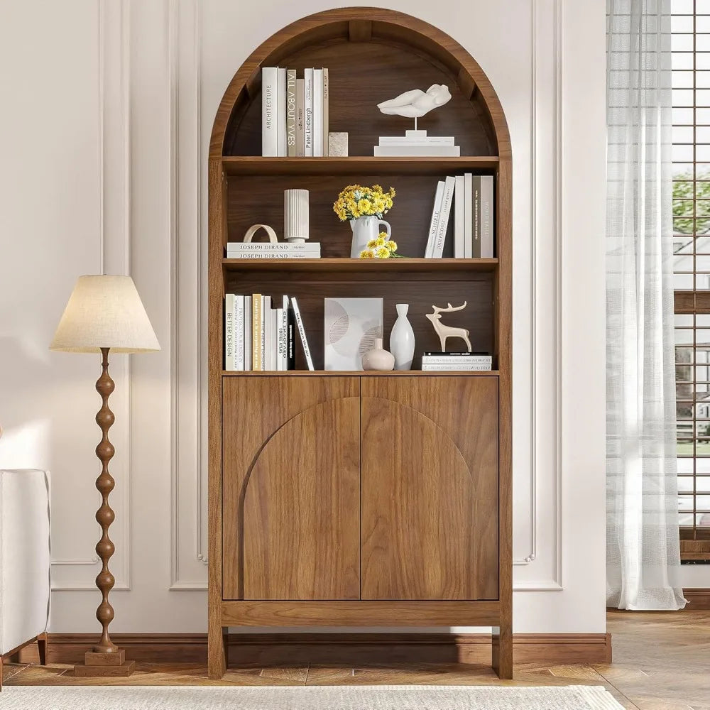 Mid-Century Arched Bookcase – 5-Tier Tall Display with Cabinet Doors, 71″ Architectural Library Storage