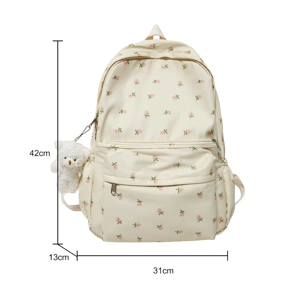 Floral Print Backpack with Decorative Pendant – Large Capacity Girls College & School Travel Bookbag