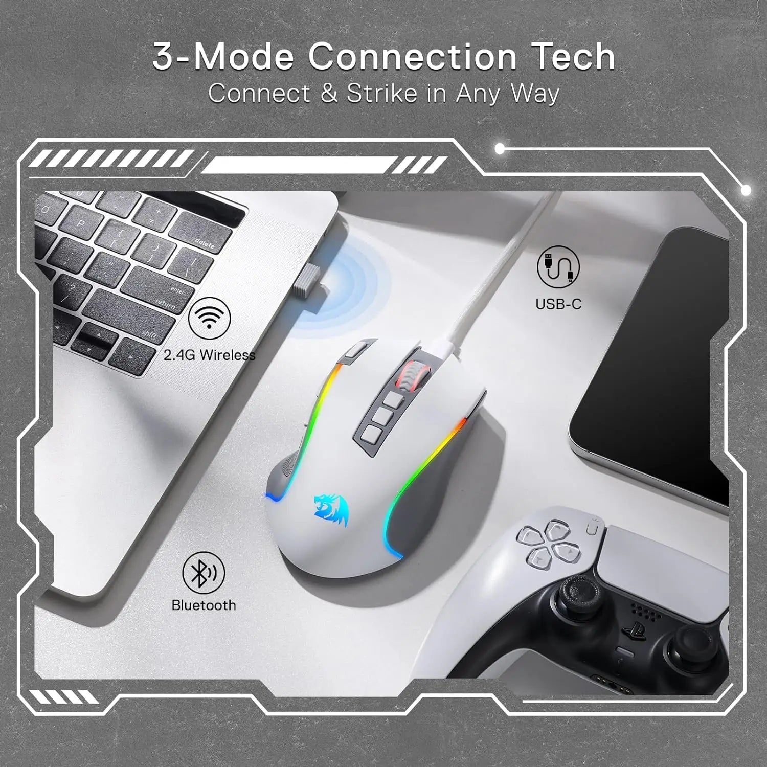 Redragon M612 PRO RGB Gaming Mouse – Wireless BT/2.4G Optical Mouse with 8,000 DPI, 9 Programmable Buttons & 7 Backlight Modes
