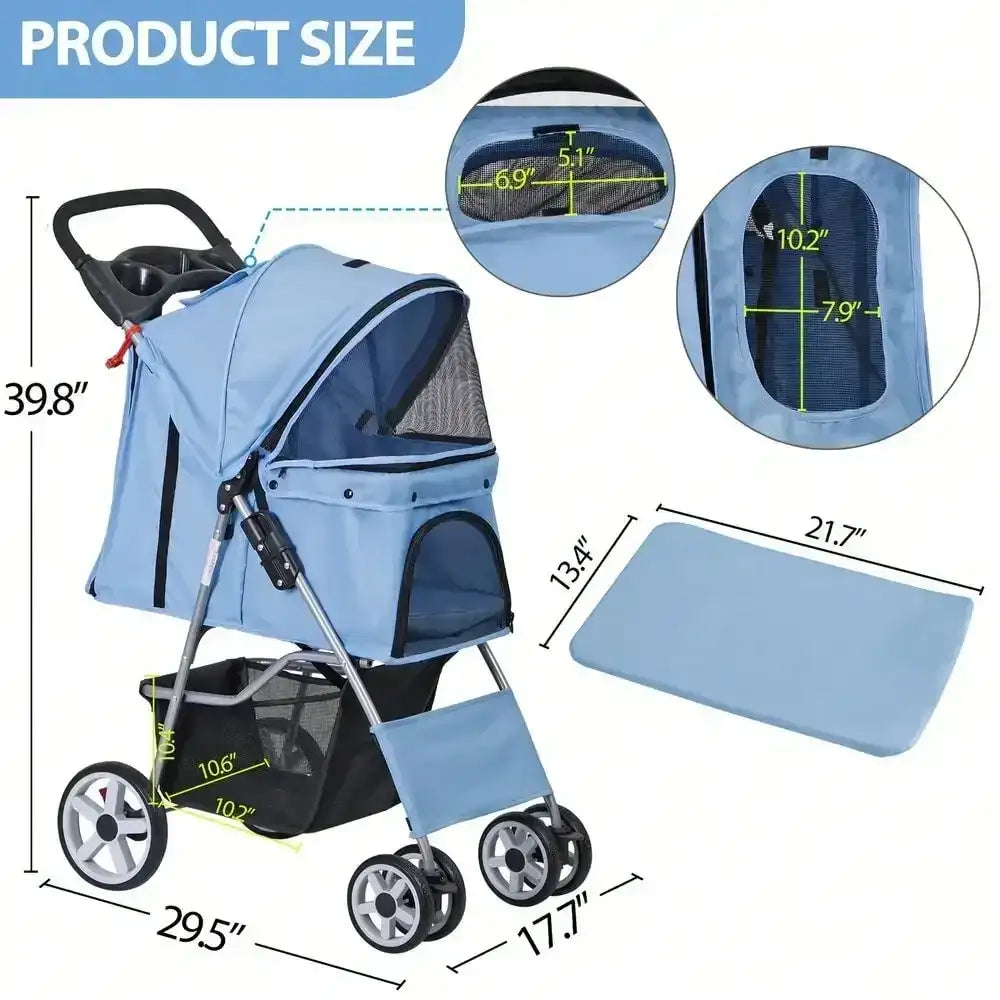 “Blue 4-Wheel Foldable Pet Stroller for Cats & Dogs – Portable Jogger Carrier with Storage Basket”