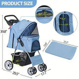 “Blue 4-Wheel Foldable Pet Stroller for Cats & Dogs – Portable Jogger Carrier with Storage Basket”