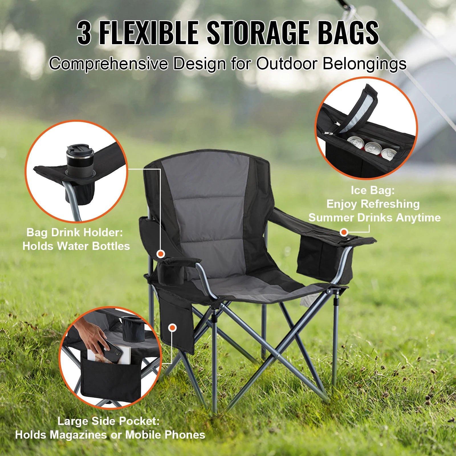 Succebuy Camping Folding Chair – Portable Quad Chair with Lumbar Support, Padded Arms & Side Pockets 🏕️🪑