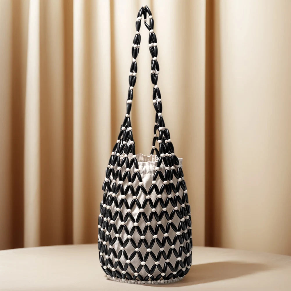 Women Woven Wicker Tote Bag – Hollow-Out Wooden Bead Hand-Bag with Canvas Netted Body, Beach & Summer Shoulder Bucket Bag