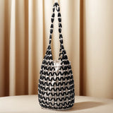 Women Woven Wicker Tote Bag – Hollow-Out Wooden Bead Hand-Bag with Canvas Netted Body, Beach & Summer Shoulder Bucket Bag