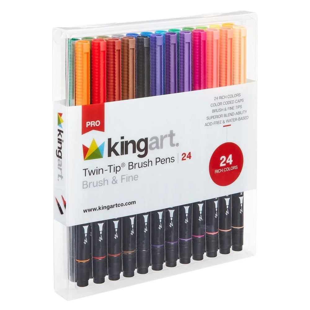 Pro Twin Tip Brush Pens – 24 Assorted Water-Based Colors for Lettering, Doodling & Illustration