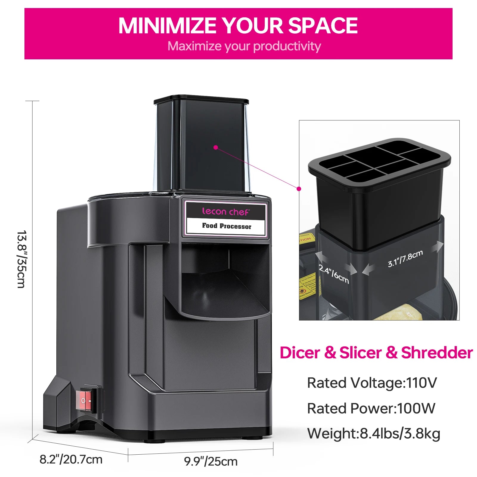 Lecon Chef 3-in-1 Electric Food Processor – Vegetable Dicer, Chopper & Slicer with 3 Stainless Steel Blades