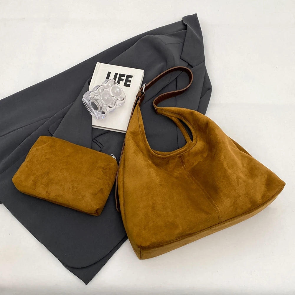 Women’s Suede Shoulder Crossbody Bag – Large-Capacity Vintage Tote Satchel with Adjustable Strap, Solid Color Casual Purse